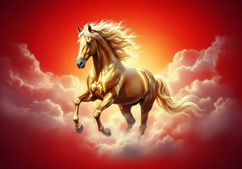 Majestic Golden Horse Galloping Through Fiery Red Clouds at Sunrise