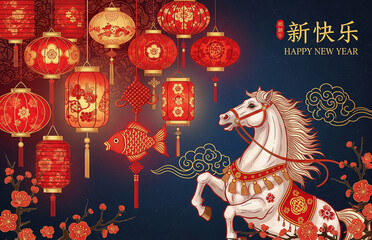 Festive Chinese New Year illustration with a zodiac horse, red lanterns, and lucky symbols.