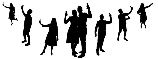 Silhouettes of people with smartphone, taking selfies or making video, photos. Vector illustration