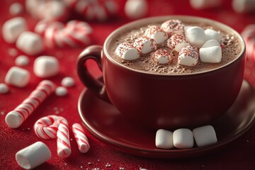 Delicious cup of hot chocolate with whipped cream and candy canes for winter enjoyment