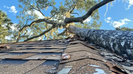 Immediate roof repair needed after tree collision, highlighting safety concerns from storm damage