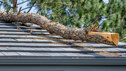 Immediate roof repair needed due to tree impact, highlighting safety concerns from storm damage