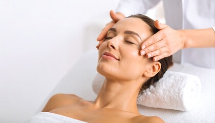 Naklejka premium Serene woman receiving a facial massage with closed eyes in a bright spa setting