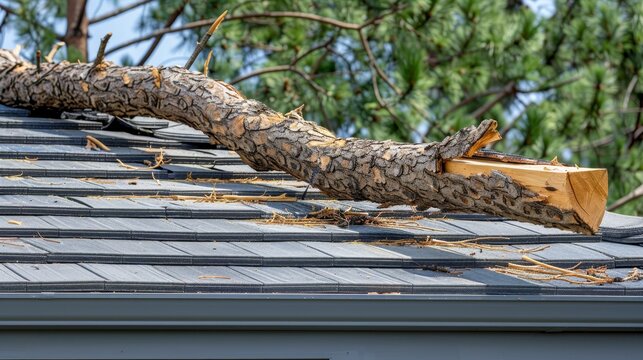 Immediate roof repair needed due to tree impact, highlighting safety concerns from storm damage