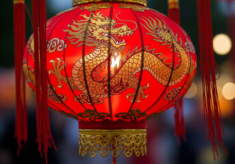 Glowing red traditional Asian lantern with a golden dragon for a festive cultural celebration