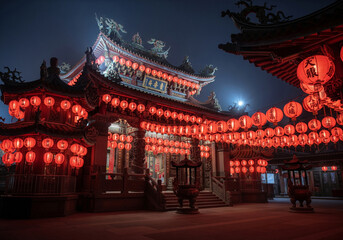 Traditional Asian temple courtyard glowing with festive red lanterns at night
