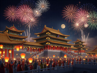 Festive Asian night celebration with fireworks and sky lanterns at a traditional temple