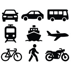 Collection of nine different transportation vehicle icons including cars bus train ship airplane bicycle pedestrian and motorcycle isolated on white background