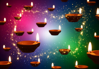 Floating traditional oil lamps with sparkling lights on a vibrant, colorful festive background