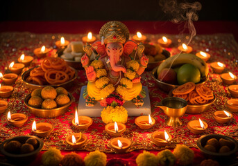 Hindu deity Ganesha sculpture surrounded by lit oil lamps and offerings for a religious festival celebration
