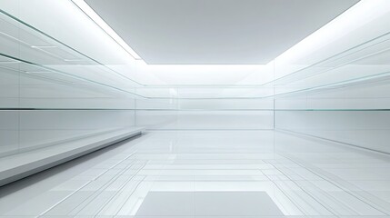 Fototapeta premium Modern Minimalist Interior with Sleek Glass Shelves and Lighting