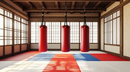 Bright and Spacious Martial Arts Training Room with Red Punch Bags