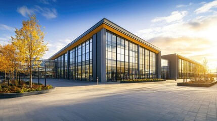 Fototapeta premium Modern Architectural Building with Glass Facade in Autumn Setting