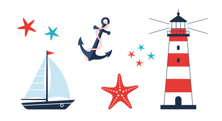Nautical themed illustration featuring a sailboat anchor lighthouse starfish and star shapes for coastal decor and maritime adventures