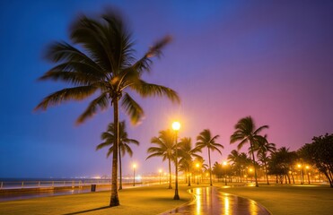 Fototapeta premium Palm trees glowing in warm streetlight rain as gentle wind carries droplets across peaceful coastal park under darkening sky