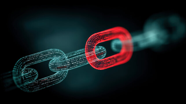 Blockchain technology showing a weak link symbolizing security risk
