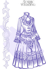 Gothic wedding - a modern digital illustration, made with pen, with various objects and symbols characteristic of that era. Aesthetic, whimsical linear composition for wedding decoration, invitations