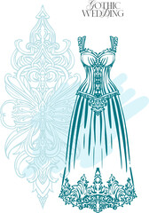 Gothic wedding - a modern digital illustration, made with pen, with various objects and symbols characteristic of that era. Aesthetic, whimsical linear composition for wedding decoration, invitations