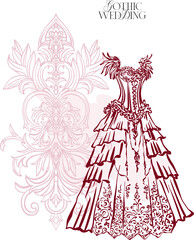 Gothic wedding - a modern digital illustration, made with pen, with various objects and symbols characteristic of that era. Aesthetic, whimsical linear composition for wedding decoration, invitations