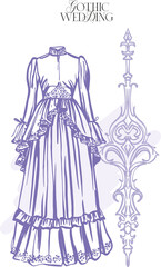 Gothic wedding - a modern digital illustration, made with pen, with various objects and symbols characteristic of that era. Aesthetic, whimsical linear composition for wedding decoration, invitations