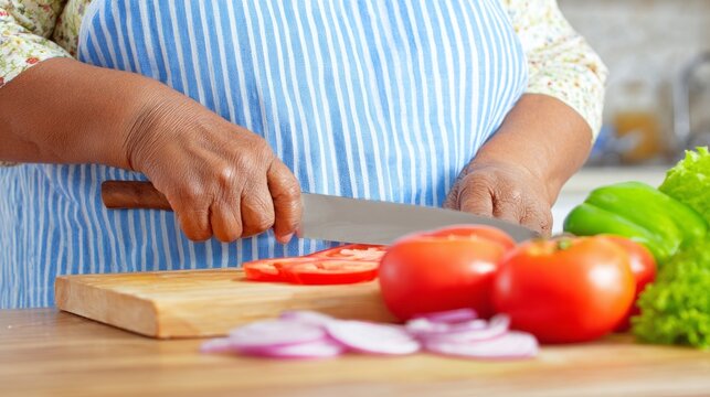 Plus size African American woman preparing fresh vegetables in a cozy kitchen during daytime cooking session - Powered by Adobe