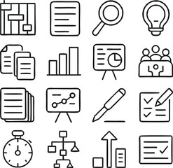 Vector outline set of business icons including charts, checklist, stopwatch, documents, presentation boards, lightbulb, magnifying glass, and growth symbols.