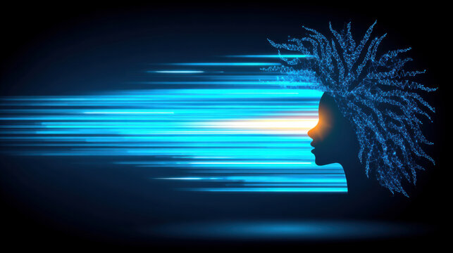 Artificial intelligence: woman silhouette facing flowing data stream