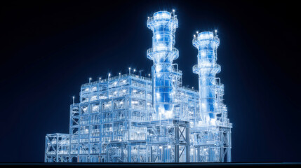 Futuristic power plant glowing at night with modern engineering