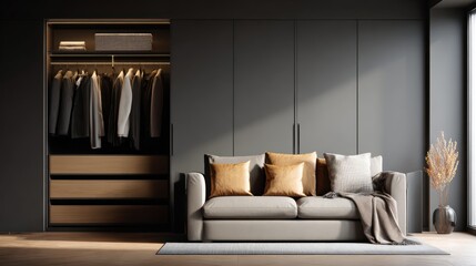 Neutral toned modern closet & seating arrangement featuring warm lighting and minimalist decor