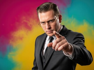 Stylish man in custom suit points assertively at camera with stern look and glasses, expressing assertiveness in clean modern visual setting