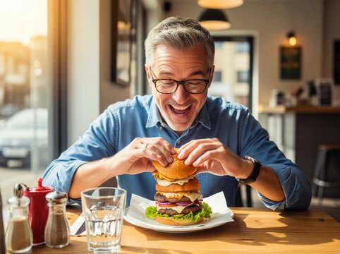 Middle-aged man with excited face prepares to eat oversized burger at lunch, enjoying tasty moment inside casual eatery