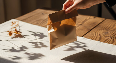 Hand holding a small brown paper bag with autumn leaves shadows on a wooden table sustainable packaging ecofriendly product design autumn vibes cozy atmosphere fall season minimalist lifestyle