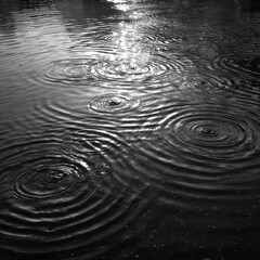 Raindrops ripple in urban puddle, city background, nature texture
