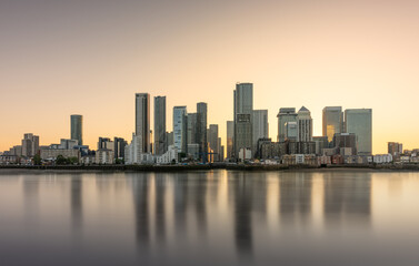 Fototapeta premium Canary Wharf at sunset and slack tide, giving a lovely reflection on the water