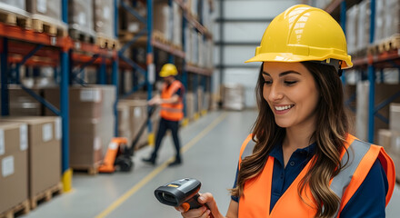 Smiling female warehouse worker using barcode scanner efficient logistics distribution center teamwork inventory management supply chain technology