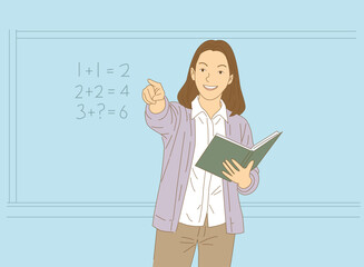 Happy female teacher explaining math in classroom illustration
