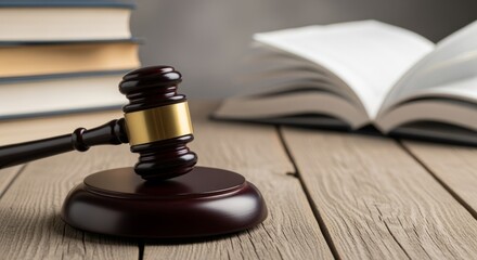 Wooden Gavel with Books on Wooden Table, Law and Justice Still Life
