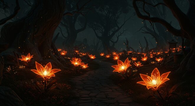 Mystical blooming lilies illuminating a dark fantasy forest path