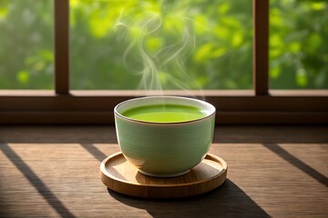 Fototapeta premium Cup of Steaming Green Tea on a Wooden Coaster by a Window with Greenery matcha hot beverage