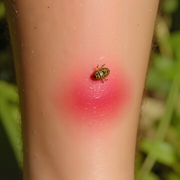 Swollen bug bite on leg with bee resting on irritated skin  