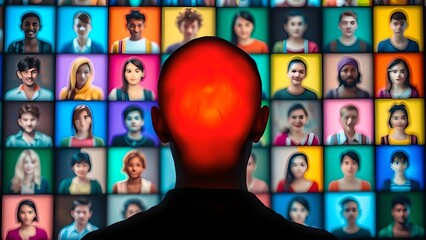 Man with glowing red head in front of a grid of diverse people on screens