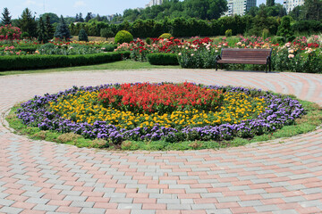 A circular flowerbed features vivid red, yellow, and purple plants, while a bench invites...