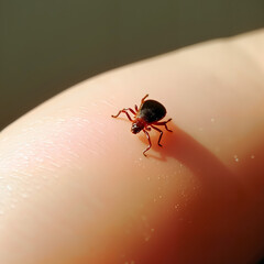 Tiny tick crawling on human finger in natural light  