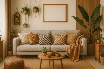 Modern Living Room with Neutral Tones, Plush Sofa, Geometric Pillows, Hanging Plants, and Natural Wood Accents