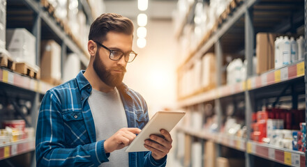 Inventory Management Warehouse Worker Using Tablet Technology Modern Logistics Efficient Supply Chain Management Businessman Checking Stock Levels Digital Inventory Control