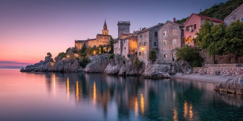 Obraz premium Sunset silhouettes of a European cliff village above serene waters