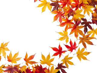 A vibrant border of colorful autumn maple leaves isolated on transparent background, showcasing the transition of seasons