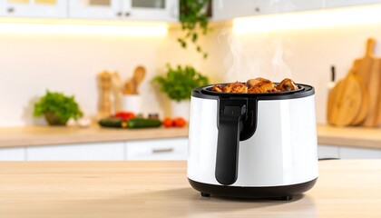 Steaming Hot Chicken in a White Air Fryer on a Wooden Kitchen Counter