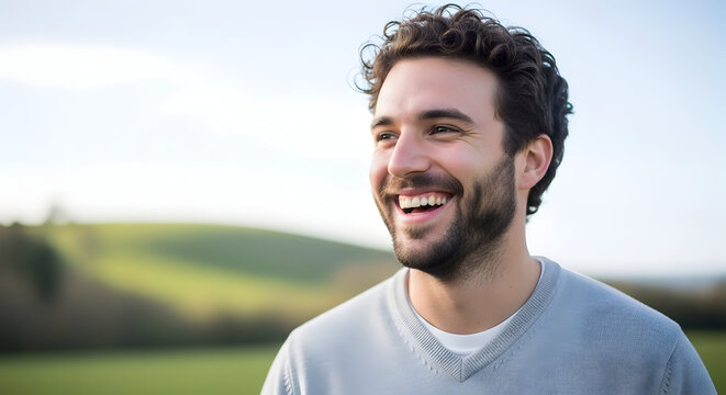 Happy man laughing outdoors nature sunlight joy happiness cheerful smiling healthy lifestyle positive emotion wellbeing summer day freedom carefree
