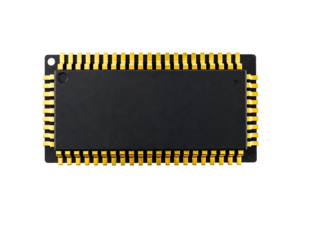 Close up of a black integrated circuit chip with many gold pins isolated on transparent background